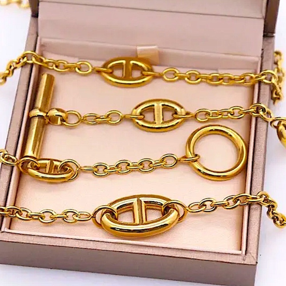 Multilayer Gold Plated Pig nose Necklace Bracelet Set Stainless Steel - Picture 14 of 15